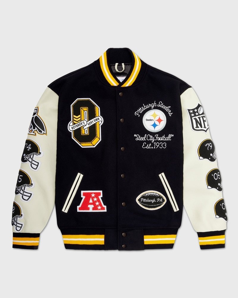 giacca da lavoro ovo nfl pittsburgh steelers varsity jacket nera di october