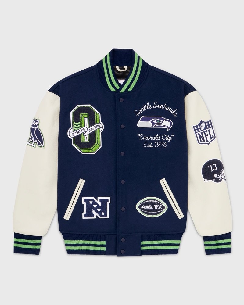 giacca da baseball ovo nfl seattle seahawks varsity jacket blu di october