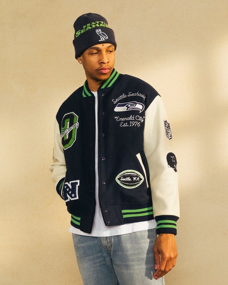 giacca da baseball ovo nfl seattle seahawks varsity jacket blu di october