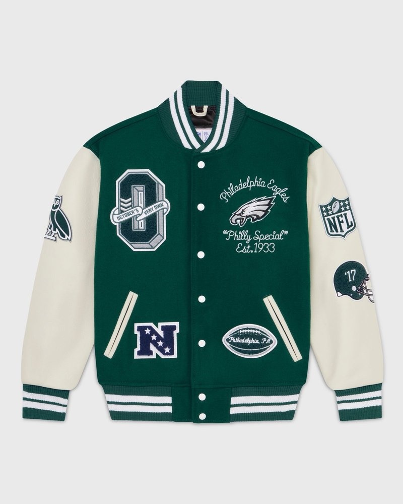 giacca da baseball ovo nfl philadelphia eagles varsity jacket green di october