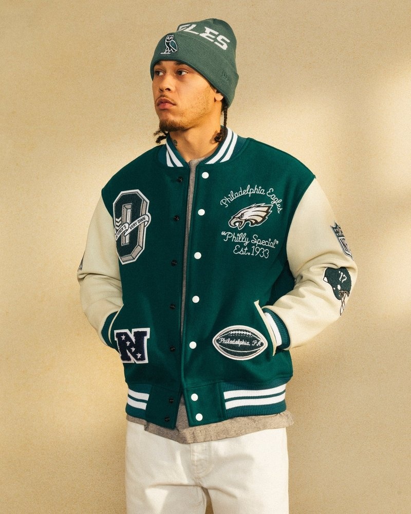 giacca da baseball ovo nfl philadelphia eagles varsity jacket green di october