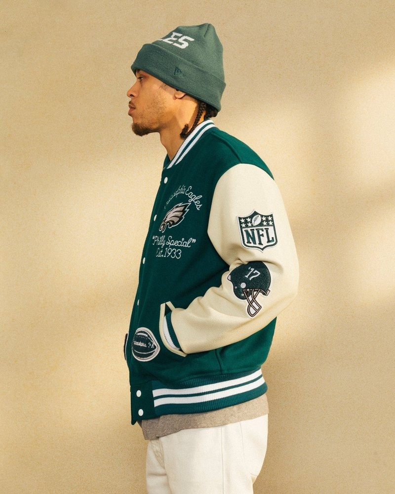 giacca da baseball ovo nfl philadelphia eagles varsity jacket green di october