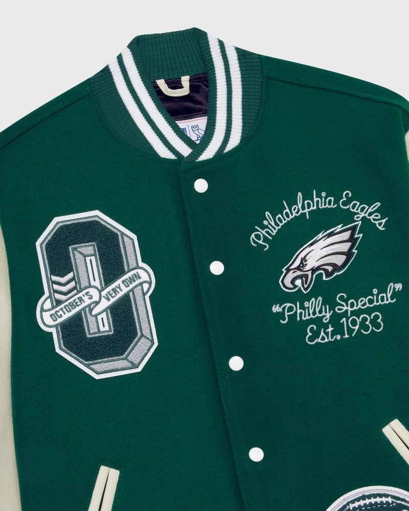 giacca da baseball ovo nfl philadelphia eagles varsity jacket green di october