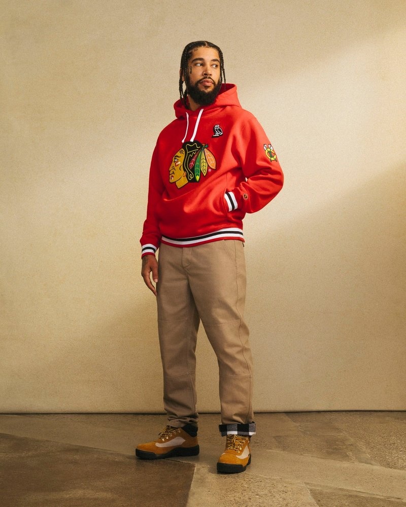 felpa con cappuccio rossa ovo chicago blackhawks di ottobre